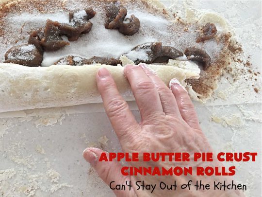 Apple Butter Pie Crust Cinnamon Rolls | Can't Stay Out of the Kitchen | these spectacular #CinnamonRolls are absolutely breathtaking! They're made from #PieCrust and filled with #AppleButter & #cinnamon. Great for #breakfast, snacks or for #dessert. Every bite will rock your world! #apples #PieCrustCinnamonRolls #HolidayBreakfast #AppleButterPieCrustCinnamonRolls