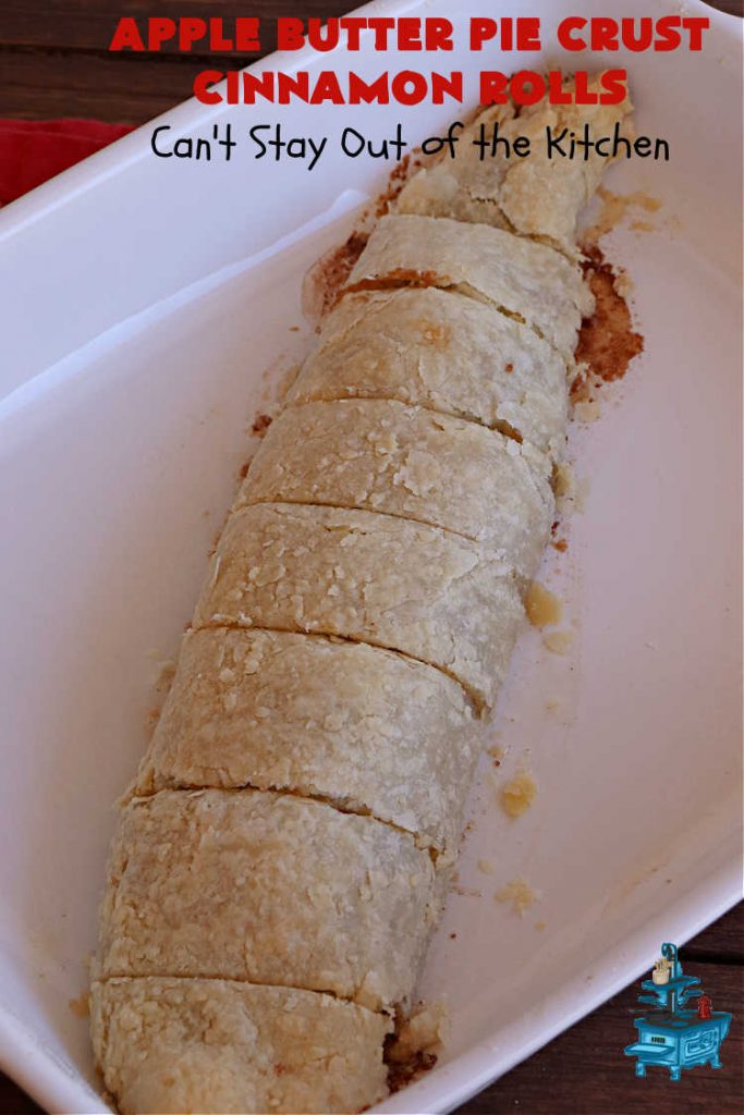 Apple Butter Pie Crust Cinnamon Rolls | Can't Stay Out of the Kitchen | these spectacular #CinnamonRolls are absolutely breathtaking! They're made from #PieCrust and filled with #AppleButter & #cinnamon. Great for #breakfast, snacks or for #dessert. Every bite will rock your world! #apples #PieCrustCinnamonRolls #HolidayBreakfast #AppleButterPieCrustCinnamonRolls
