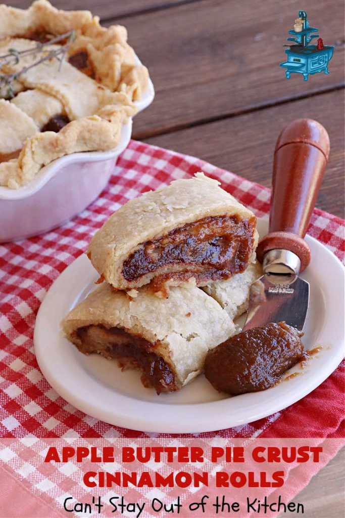Apple Butter Pie Crust Cinnamon Rolls | Can't Stay Out of the Kitchen | these spectacular #CinnamonRolls are absolutely breathtaking! They're made from #PieCrust and filled with #AppleButter & #cinnamon. Great for #breakfast, snacks or for #dessert. Every bite will rock your world! #apples #PieCrustCinnamonRolls #HolidayBreakfast #AppleButterPieCrustCinnamonRolls