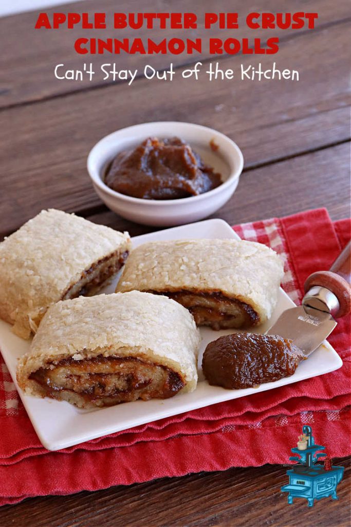 Apple Butter Pie Crust Cinnamon Rolls | Can't Stay Out of the Kitchen | these spectacular #CinnamonRolls are absolutely breathtaking! They're made from #PieCrust and filled with #AppleButter & #cinnamon. Great for #breakfast, snacks or for #dessert. Every bite will rock your world! #apples #PieCrustCinnamonRolls #HolidayBreakfast #AppleButterPieCrustCinnamonRolls