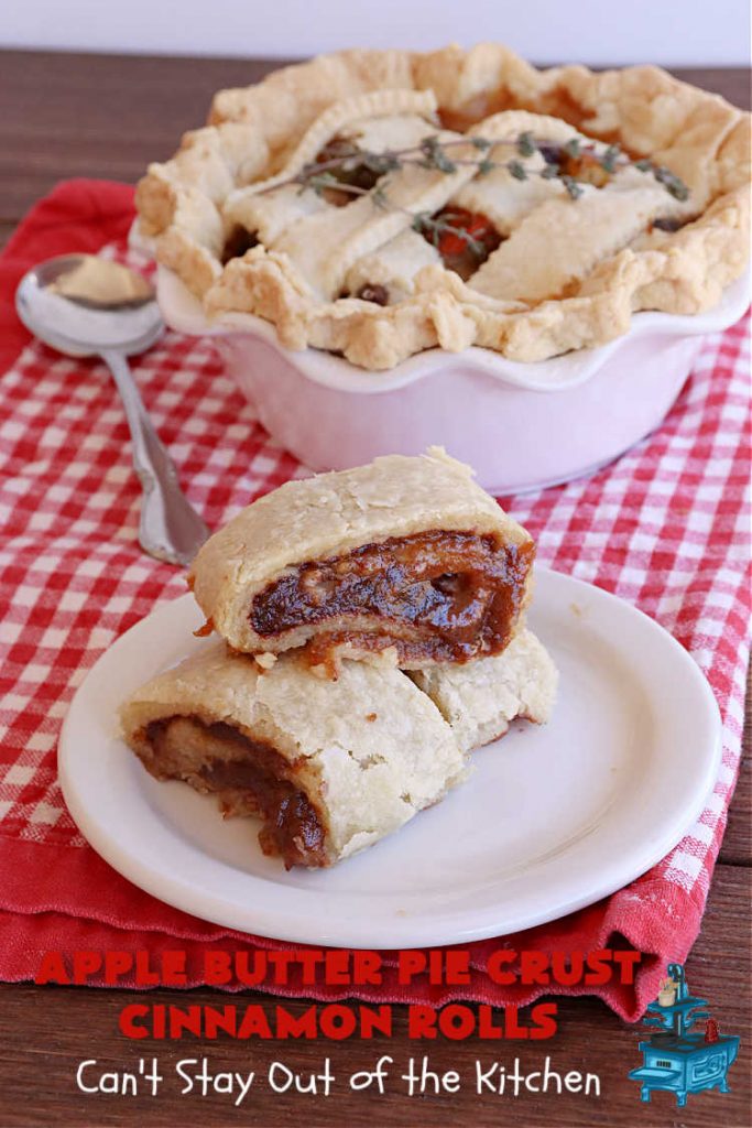 Apple Butter Pie Crust Cinnamon Rolls | Can't Stay Out of the Kitchen | these spectacular #CinnamonRolls are absolutely breathtaking! They're made from #PieCrust and filled with #AppleButter & #cinnamon. Great for #breakfast, snacks or for #dessert. Every bite will rock your world! #apples #PieCrustCinnamonRolls #HolidayBreakfast #AppleButterPieCrustCinnamonRolls