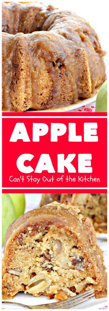 Apple Cake | Can't Stay Out of the Kitchen | This fantastic #apple #cake is filled with apples & #pecans & glazed with a homemade #caramel icing. It's absolutely divine! We serve it for #breakfast as a #coffeecake or for #dessert. #applecake #appledessert