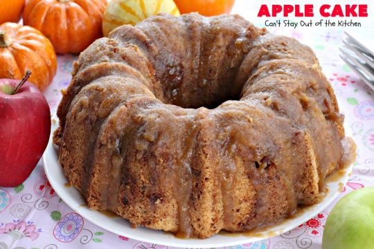 Apple Cake | Can't Stay Out of the Kitchen | This fantastic #apple #cake is filled with apples & #pecans & glazed with a homemade #caramel icing. It's absolutely divine! We serve it for #breakfast as a #coffeecake or for #dessert. #applecake #appledessert
