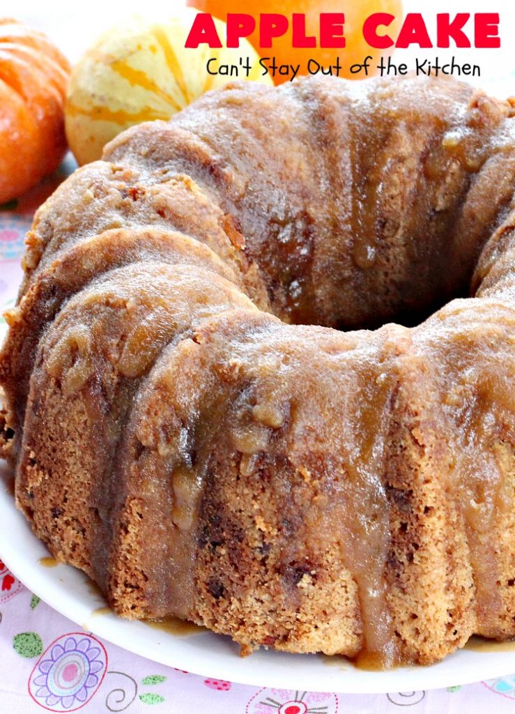 Apple Cake | Can't Stay Out of the Kitchen | This fantastic #apple #cake is filled with apples & #pecans & glazed with a homemade #caramel icing. It's absolutely divine! We serve it for #breakfast as a #coffeecake or for #dessert. #applecake #appledessert