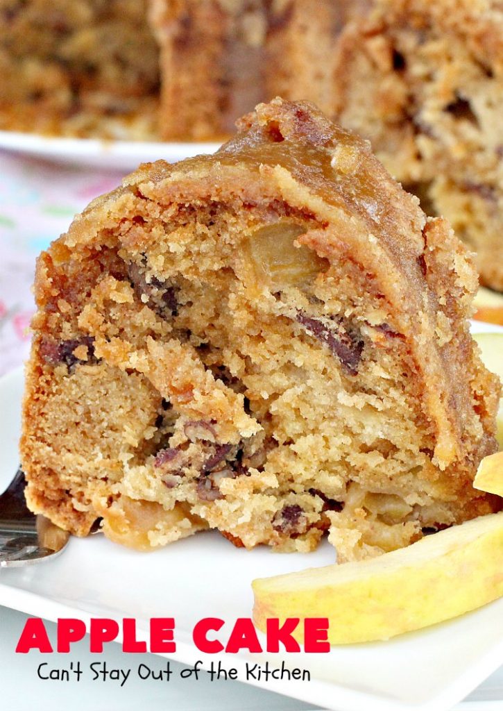 Apple Cake | Can't Stay Out of the Kitchen | This fantastic #apple #cake is filled with apples & #pecans & glazed with a homemade #caramel icing. It's absolutely divine! We serve it for #breakfast as a #coffeecake or for #dessert. #applecake #appledessert