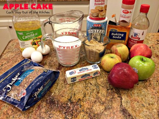 Apple Cake | Can't Stay Out of the Kitchen | This fantastic #apple #cake is filled with apples & #pecans & glazed with a homemade #caramel icing. It's absolutely divine! We serve it for #breakfast as a #coffeecake or for #dessert. #applecake #appledessert