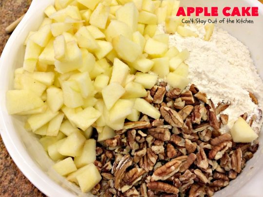 Apple Cake | Can't Stay Out of the Kitchen | This fantastic #apple #cake is filled with apples & #pecans & glazed with a homemade #caramel icing. It's absolutely divine! We serve it for #breakfast as a #coffeecake or for #dessert. #applecake #appledessert