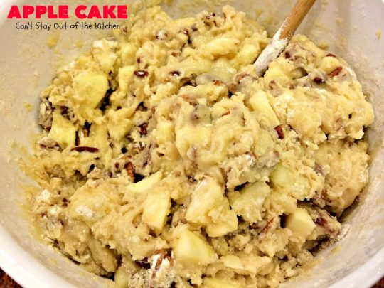 Apple Cake | Can't Stay Out of the Kitchen | This fantastic #apple #cake is filled with apples & #pecans & glazed with a homemade #caramel icing. It's absolutely divine! We serve it for #breakfast as a #coffeecake or for #dessert. #applecake #appledessert