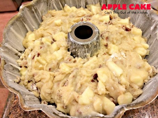 Apple Cake | Can't Stay Out of the Kitchen | This fantastic #apple #cake is filled with apples & #pecans & glazed with a homemade #caramel icing. It's absolutely divine! We serve it for #breakfast as a #coffeecake or for #dessert. #applecake #appledessert