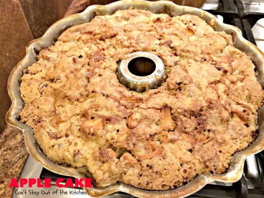 Apple Cake | Can't Stay Out of the Kitchen | This fantastic #apple #cake is filled with apples & #pecans & glazed with a homemade #caramel icing. It's absolutely divine! We serve it for #breakfast as a #coffeecake or for #dessert. #applecake #appledessert