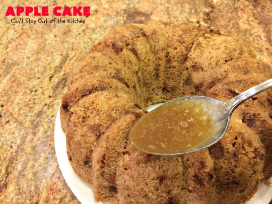 Apple Cake | Can't Stay Out of the Kitchen | This fantastic #apple #cake is filled with apples & #pecans & glazed with a homemade #caramel icing. It's absolutely divine! We serve it for #breakfast as a #coffeecake or for #dessert. #applecake #appledessert