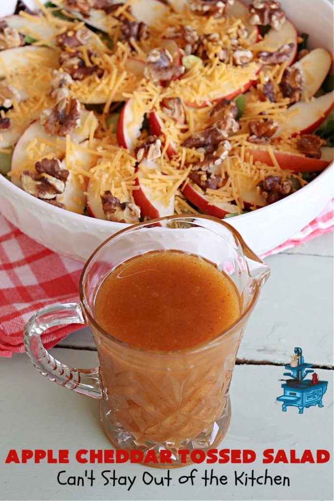 Apple Cheddar Tossed Salad | Can't Stay Out of the Kitchen | This light & refreshing #TossedSalad includes #apples, #grapes, #ToastedWalnuts & #CheddarCheese. The Homemade #SaladDressing is fantastic. This is a terrific #salad for company or #holiday dinners as well as regular family dinners. #GlutenFree #healthy #SideDish #AppleCheddarTossedSalad