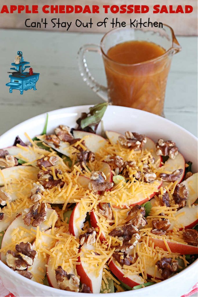 Apple Cheddar Tossed Salad | Can't Stay Out of the Kitchen | This light & refreshing #TossedSalad includes #apples, #grapes, #ToastedWalnuts & #CheddarCheese. The Homemade #SaladDressing is fantastic. This is a terrific #salad for company or #holiday dinners as well as regular family dinners. #GlutenFree #healthy #SideDish #AppleCheddarTossedSalad