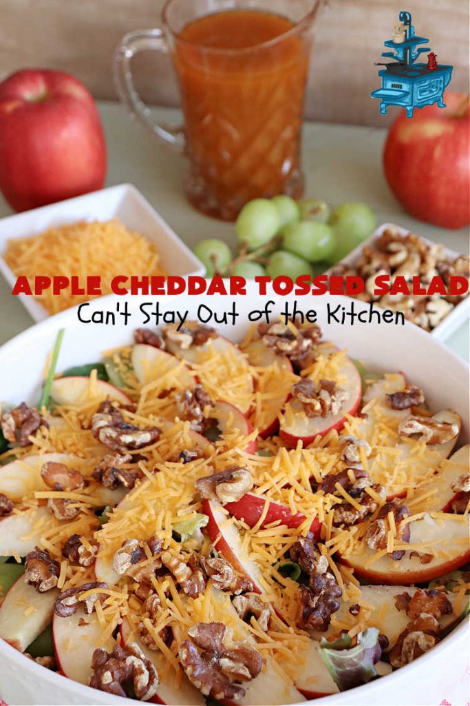 Apple Cheddar Tossed Salad | Can't Stay Out of the Kitchen | This light & refreshing #TossedSalad includes #apples, #grapes, #ToastedWalnuts & #CheddarCheese. The Homemade #SaladDressing is fantastic. This is a terrific #salad for company or #holiday dinners as well as regular family dinners. #GlutenFree #healthy #SideDish #AppleCheddarTossedSalad