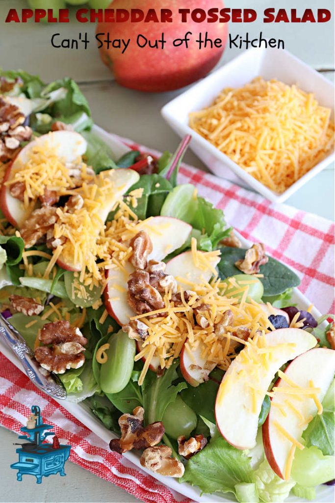 Apple Cheddar Tossed Salad | Can't Stay Out of the Kitchen | This light & refreshing #TossedSalad includes #apples, #grapes, #ToastedWalnuts & #CheddarCheese. The Homemade #SaladDressing is fantastic. This is a terrific #salad for company or #holiday dinners as well as regular family dinners. #GlutenFree #healthy #SideDish #AppleCheddarTossedSalad