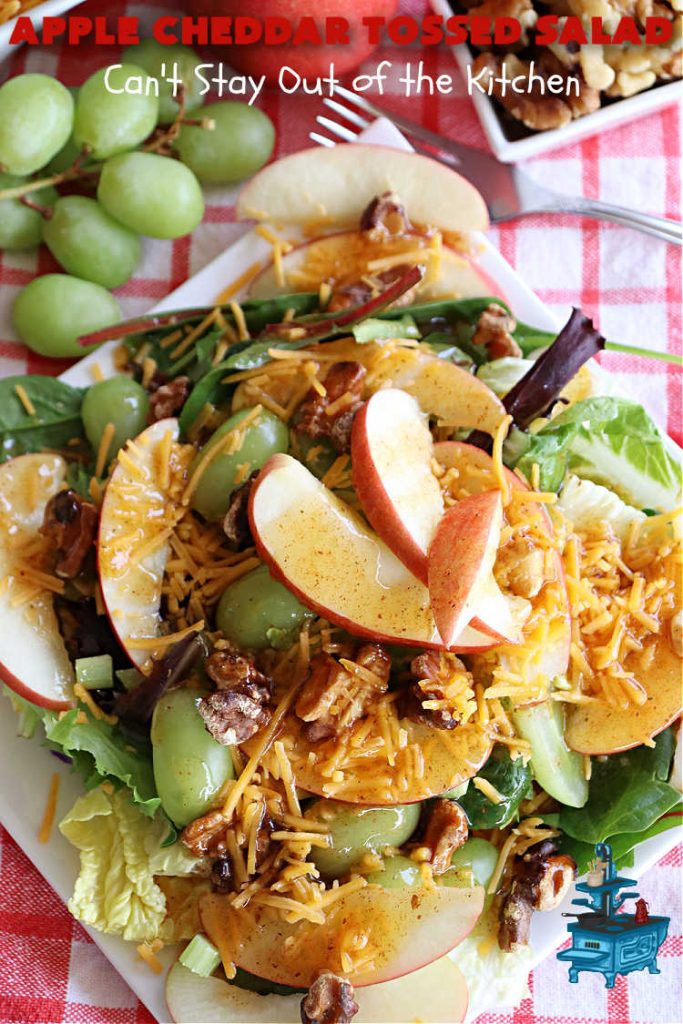 Apple Cheddar Tossed Salad | Can't Stay Out of the Kitchen | This light & refreshing #TossedSalad includes #apples, #grapes, #ToastedWalnuts & #CheddarCheese. The Homemade #SaladDressing is fantastic. This is a terrific #salad for company or #holiday dinners as well as regular family dinners. #GlutenFree #healthy #SideDish #AppleCheddarTossedSalad