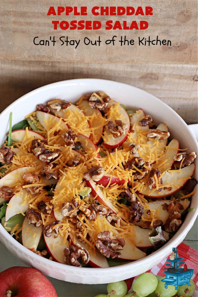 Apple Cheddar Tossed Salad | Can't Stay Out of the Kitchen | This light & refreshing #TossedSalad includes #apples, #grapes, #ToastedWalnuts & #CheddarCheese. The Homemade #SaladDressing is fantastic. This is a terrific #salad for company or #holiday dinners as well as regular family dinners. #GlutenFree #healthy #SideDish #AppleCheddarTossedSalad