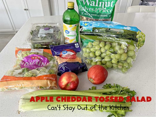 Apple Cheddar Tossed Salad | Can't Stay Out of the Kitchen | This light & refreshing #TossedSalad includes #apples, #grapes, #ToastedWalnuts & #CheddarCheese. The Homemade #SaladDressing is fantastic. This is a terrific #salad for company or #holiday dinners as well as regular family dinners. #GlutenFree #healthy #SideDish #AppleCheddarTossedSalad