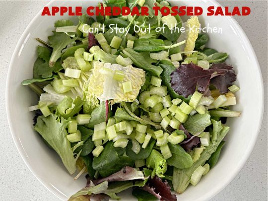 Apple Cheddar Tossed Salad | Can't Stay Out of the Kitchen | This light & refreshing #TossedSalad includes #apples, #grapes, #ToastedWalnuts & #CheddarCheese. The Homemade #SaladDressing is fantastic. This is a terrific #salad for company or #holiday dinners as well as regular family dinners. #GlutenFree #healthy #SideDish #AppleCheddarTossedSalad