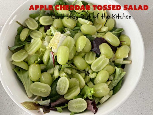 Apple Cheddar Tossed Salad | Can't Stay Out of the Kitchen | This light & refreshing #TossedSalad includes #apples, #grapes, #ToastedWalnuts & #CheddarCheese. The Homemade #SaladDressing is fantastic. This is a terrific #salad for company or #holiday dinners as well as regular family dinners. #GlutenFree #healthy #SideDish #AppleCheddarTossedSalad