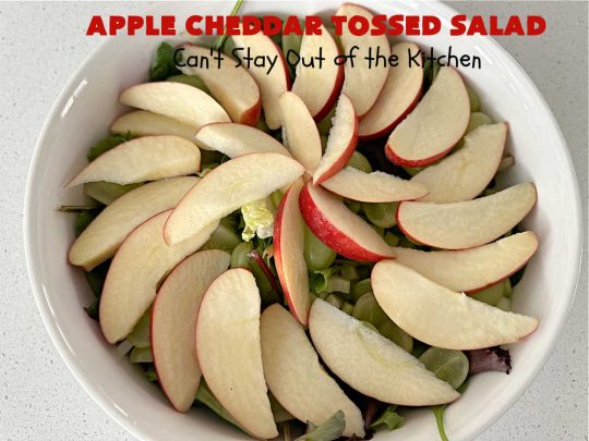 Apple Cheddar Tossed Salad | Can't Stay Out of the Kitchen | This light & refreshing #TossedSalad includes #apples, #grapes, #ToastedWalnuts & #CheddarCheese. The Homemade #SaladDressing is fantastic. This is a terrific #salad for company or #holiday dinners as well as regular family dinners. #GlutenFree #healthy #SideDish #AppleCheddarTossedSalad