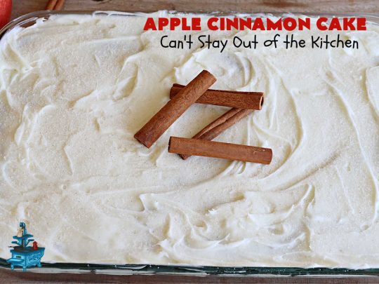 Apple Cinnamon Cake | Can't Stay Out of the Kitchen | This lovely #AppleCake includes loads of fresh #HoneyCrisp #apples along with #cinnamon & a wonderful #CreamCheese #icing. The #cake is moist & so flavorful. It's a fantastic #dessert for family or company dinners. #FallBaking #HolidayDessert #AppleCinnamonCake