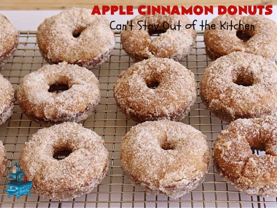 Apple Cinnamon Donuts | Can't Stay Out of the Kitchen | Brighten up your day with a batch of these fantastic #donuts. #AppleCinnamonDonuts include both #applesauce & #apples & they're rolled in melted butter and dredged in a #cinnamon-sugar mixture. Terrific for a weekend, company or #holiday #breakfast. You'll be swooning from the first bite! #HolidayBreakfast