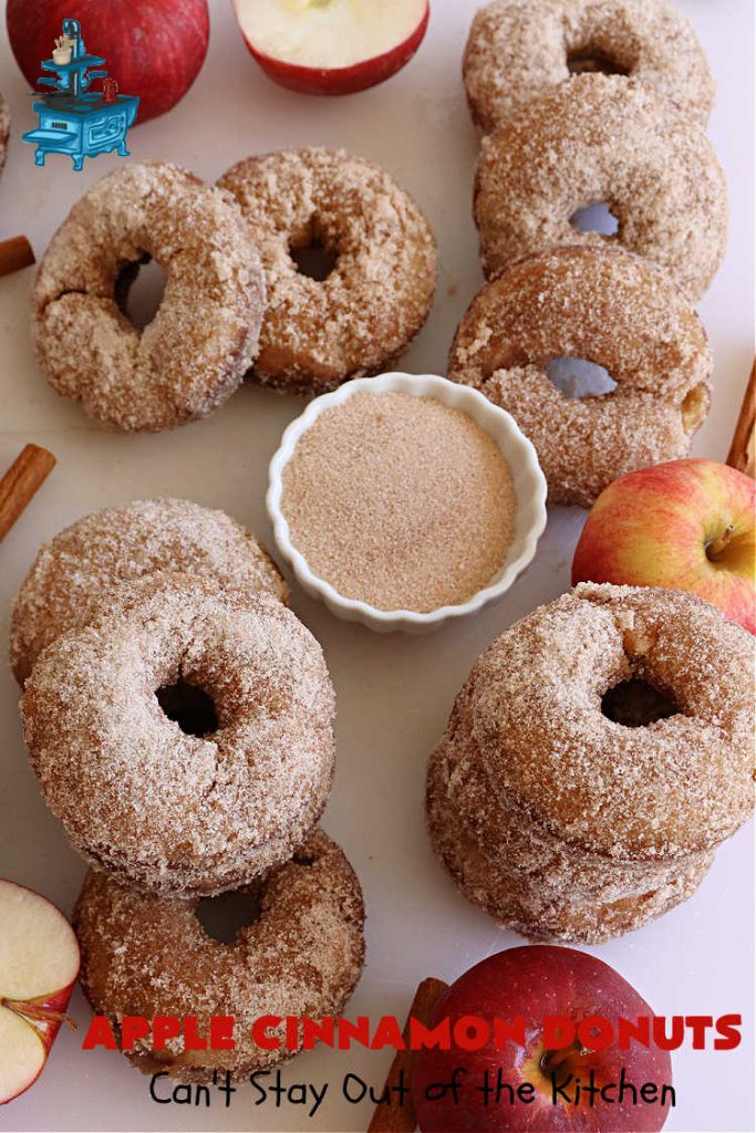 Apple Cinnamon Donuts | Can't Stay Out of the Kitchen | Brighten up your day with a batch of these fantastic #donuts. #AppleCinnamonDonuts include both #applesauce & #apples & they're rolled in melted butter and dredged in a #cinnamon-sugar mixture. Terrific for a weekend, company or #holiday #breakfast. You'll be swooning from the first bite! #HolidayBreakfast