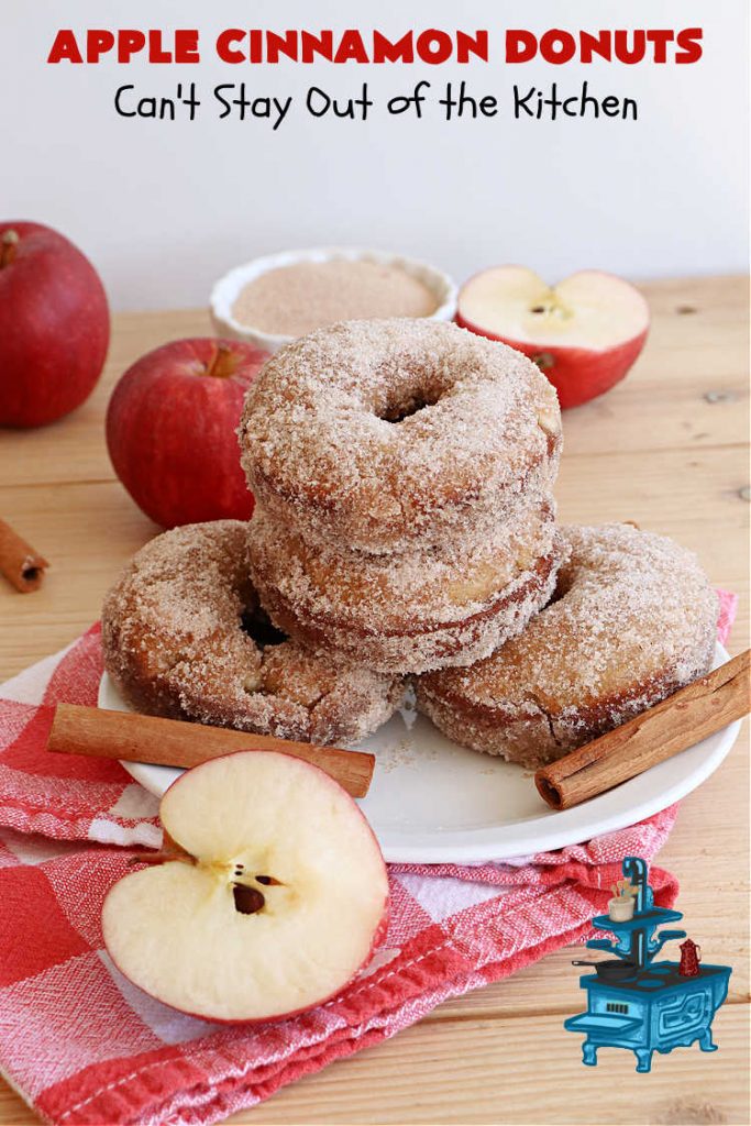Apple Cinnamon Donuts | Can't Stay Out of the Kitchen | Brighten up your day with a batch of these fantastic #donuts. #AppleCinnamonDonuts include both #applesauce & #apples & they're rolled in melted butter and dredged in a #cinnamon-sugar mixture. Terrific for a weekend, company or #holiday #breakfast. You'll be swooning from the first bite! #HolidayBreakfast