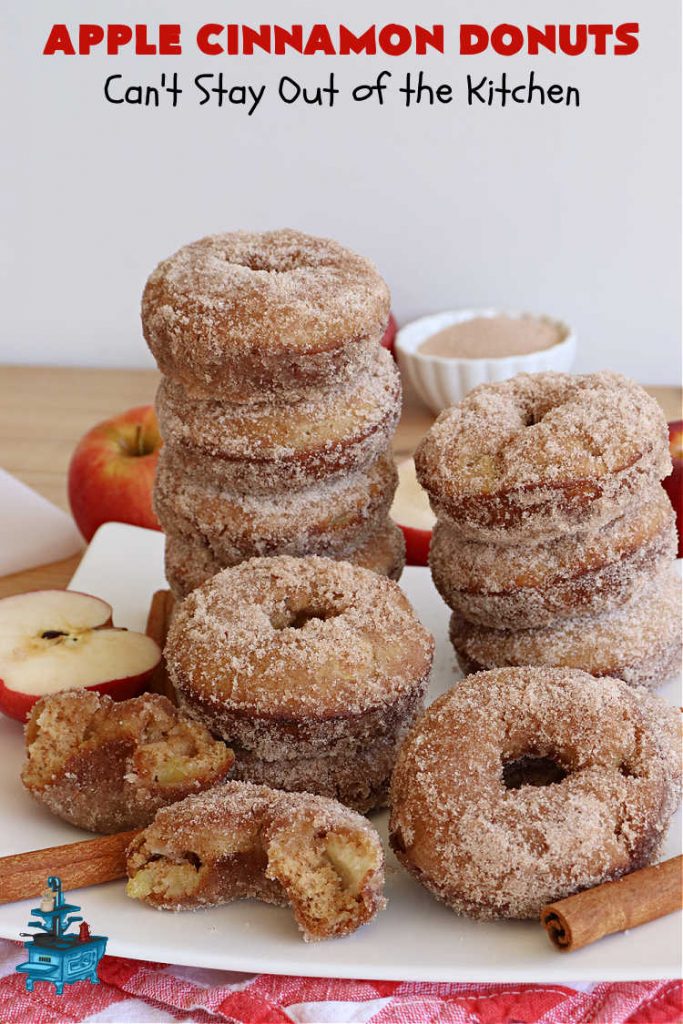 Apple Cinnamon Donuts | Can't Stay Out of the Kitchen | Brighten up your day with a batch of these fantastic #donuts. #AppleCinnamonDonuts include both #applesauce & #apples & they're rolled in melted butter and dredged in a #cinnamon-sugar mixture. Terrific for a weekend, company or #holiday #breakfast. You'll be swooning from the first bite! #HolidayBreakfast