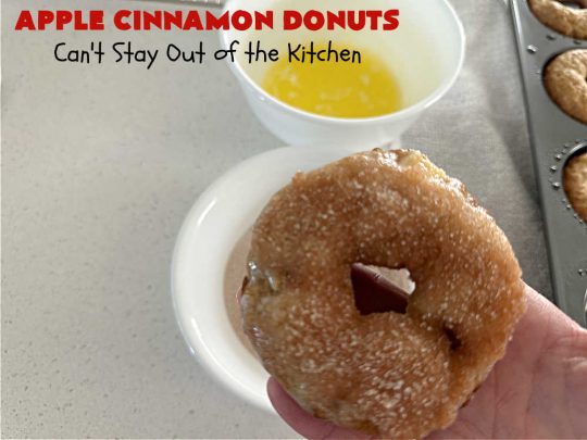 Apple Cinnamon Donuts | Can't Stay Out of the Kitchen | Brighten up your day with a batch of these fantastic #donuts. #AppleCinnamonDonuts include both #applesauce & #apples & they're rolled in melted butter and dredged in a #cinnamon-sugar mixture. Terrific for a weekend, company or #holiday #breakfast. You'll be swooning from the first bite! #HolidayBreakfast