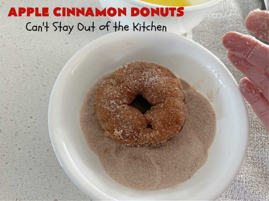Apple Cinnamon Donuts | Can't Stay Out of the Kitchen | Brighten up your day with a batch of these fantastic #donuts. #AppleCinnamonDonuts include both #applesauce & #apples & they're rolled in melted butter and dredged in a #cinnamon-sugar mixture. Terrific for a weekend, company or #holiday #breakfast. You'll be swooning from the first bite! #HolidayBreakfast