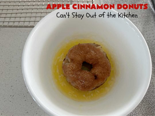 Apple Cinnamon Donuts | Can't Stay Out of the Kitchen | Brighten up your day with a batch of these fantastic #donuts. #AppleCinnamonDonuts include both #applesauce & #apples & they're rolled in melted butter and dredged in a #cinnamon-sugar mixture. Terrific for a weekend, company or #holiday #breakfast. You'll be swooning from the first bite! #HolidayBreakfast