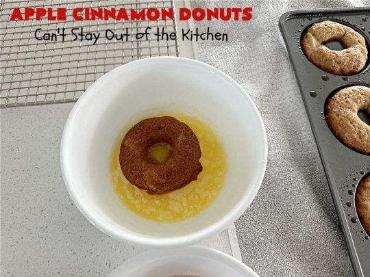 Apple Cinnamon Donuts | Can't Stay Out of the Kitchen | Brighten up your day with a batch of these fantastic #donuts. #AppleCinnamonDonuts include both #applesauce & #apples & they're rolled in melted butter and dredged in a #cinnamon-sugar mixture. Terrific for a weekend, company or #holiday #breakfast. You'll be swooning from the first bite! #HolidayBreakfast