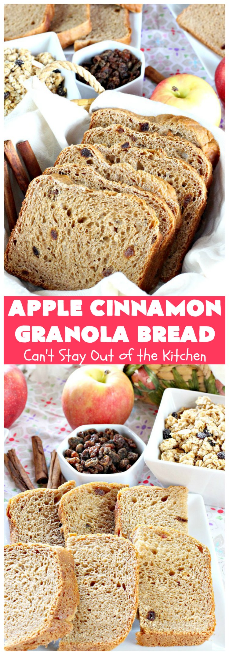 Apple Cinnamon Granola Bread | Can't Stay Out of the Kitchen | this fantastic #HomemadeBread is so quick & easy. It uses #applesauce, #raisins, #AppleJuice & #granola. It's one of the best #breadmaker #bread #recipes I've ever made. Terrific for a company or #holiday #breakfast, but it's not overly sweet so it makes a good dinner bread also. #cinnamon #AppleCinnamonGranolaBread