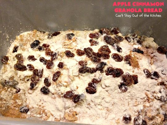Apple Cinnamon Granola Bread | Can't Stay Out of the Kitchen | this fantastic #HomemadeBread is so quick & easy. It uses #applesauce, #raisins, #AppleJuice & #granola. It's one of the best #breadmaker #bread #recipes I've ever made. Terrific for a company or #holiday #breakfast, but it's not overly sweet so it makes a good dinner bread also. #cinnamon #AppleCinnamonGranolaBread