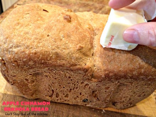 Apple Cinnamon Granola Bread | Can't Stay Out of the Kitchen | this fantastic #HomemadeBread is so quick & easy. It uses #applesauce, #raisins, #AppleJuice & #granola. It's one of the best #breadmaker #bread #recipes I've ever made. Terrific for a company or #holiday #breakfast, but it's not overly sweet so it makes a good dinner bread also. #cinnamon #AppleCinnamonGranolaBread