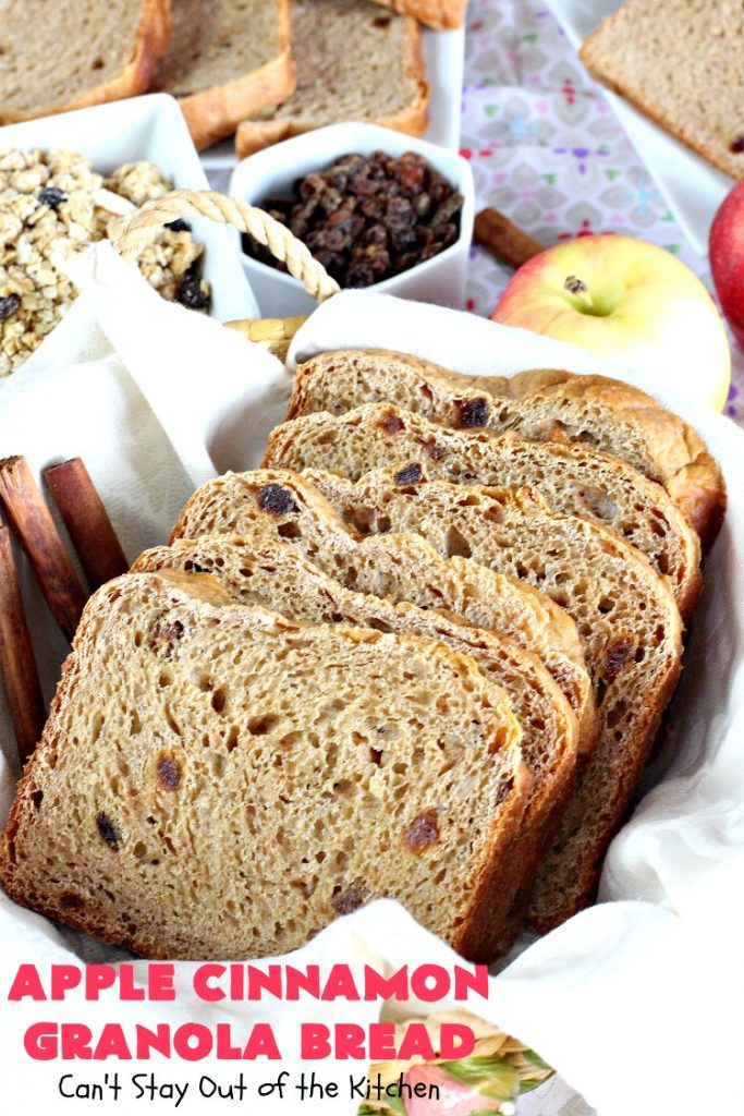 Apple Cinnamon Granola Bread | Can't Stay Out of the Kitchen | this fantastic #HomemadeBread is so quick & easy. It uses #applesauce, #raisins, #AppleJuice & #granola. It's one of the best #breadmaker #bread #recipes I've ever made. Terrific for a company or #holiday #breakfast, but it's not overly sweet so it makes a good dinner bread also. #cinnamon #AppleCinnamonGranolaBread