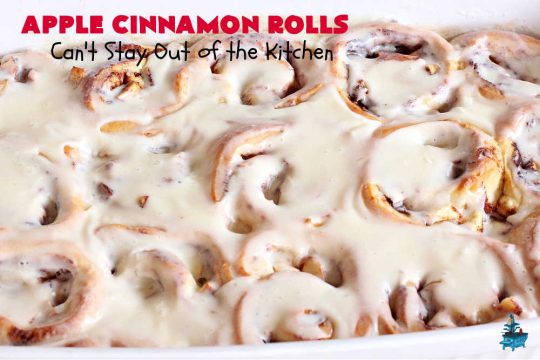 Apple Cinnamon Rolls | Can't Stay Out of the Kitchen | these luscious #CinnamonRolls are outrageously good. They're filled with #apples & #cinnamon & slathered with a rich, thick icing to die for. Terrific for a weekend, company or #holiday #breakfast. Every bite will have you drooling. #brunch #SweetRolls #AppleCinnamonRolls