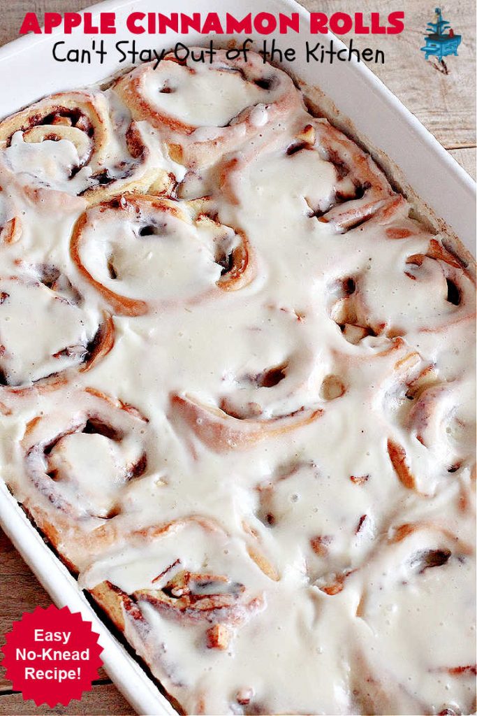 Apple Cinnamon Rolls | Can't Stay Out of the Kitchen | these luscious #CinnamonRolls are outrageously good. They're filled with #apples & #cinnamon & slathered with a rich, thick icing to die for. Terrific for a weekend, company or #holiday #breakfast. Every bite will have you drooling. #brunch #SweetRolls #AppleCinnamonRolls