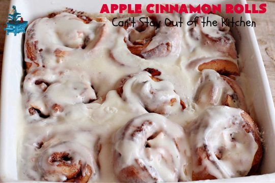 Apple Cinnamon Rolls | Can't Stay Out of the Kitchen | these luscious #CinnamonRolls are outrageously good. They're filled with #apples & #cinnamon & slathered with a rich, thick icing to die for. Terrific for a weekend, company or #holiday #breakfast. Every bite will have you drooling. #brunch #SweetRolls #AppleCinnamonRolls
