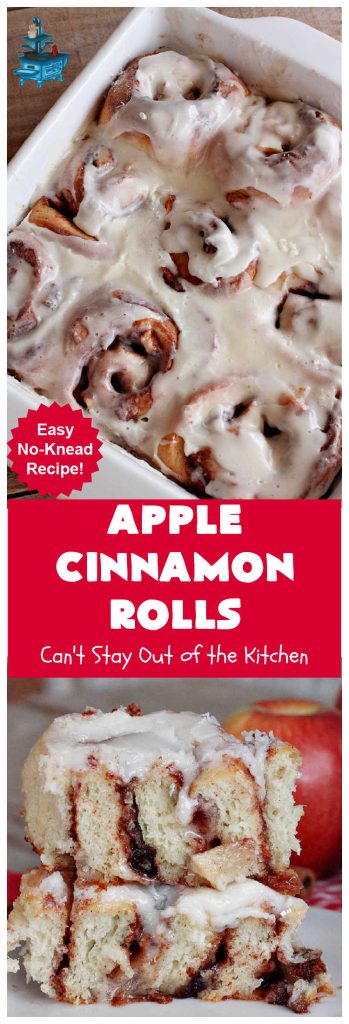 Apple Cinnamon Rolls | Can't Stay Out of the Kitchen | these luscious #CinnamonRolls are outrageously good. They're filled with #apples & #cinnamon & slathered with a rich, thick icing to die for. Terrific for a weekend, company or #holiday #breakfast. Every bite will have you drooling. #brunch #SweetRolls #AppleCinnamonRolls