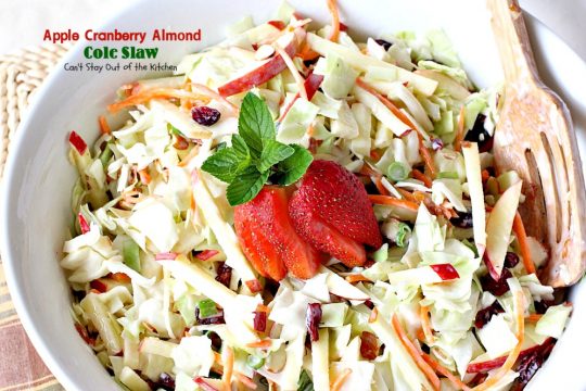 Apple Cranberry Almond Cole Slaw | Can't Stay Out of the Kitchen | this #coleslaw is amazing. It's filled with #apples #almonds #craisins #celery & #carrots in a tasty #Greekyogurt dressing. Healthy, low calorie & #glutenfree. #cabbage