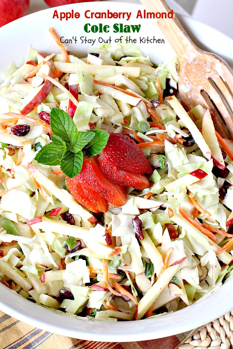 Apple Cranberry Almond Cole Slaw | Can't Stay Out of the Kitchen | this #coleslaw is amazing. It's filled with #apples #almonds #craisins #celery & #carrots in a tasty #Greekyogurt dressing. Healthy, low calorie & #glutenfree. #cabbage