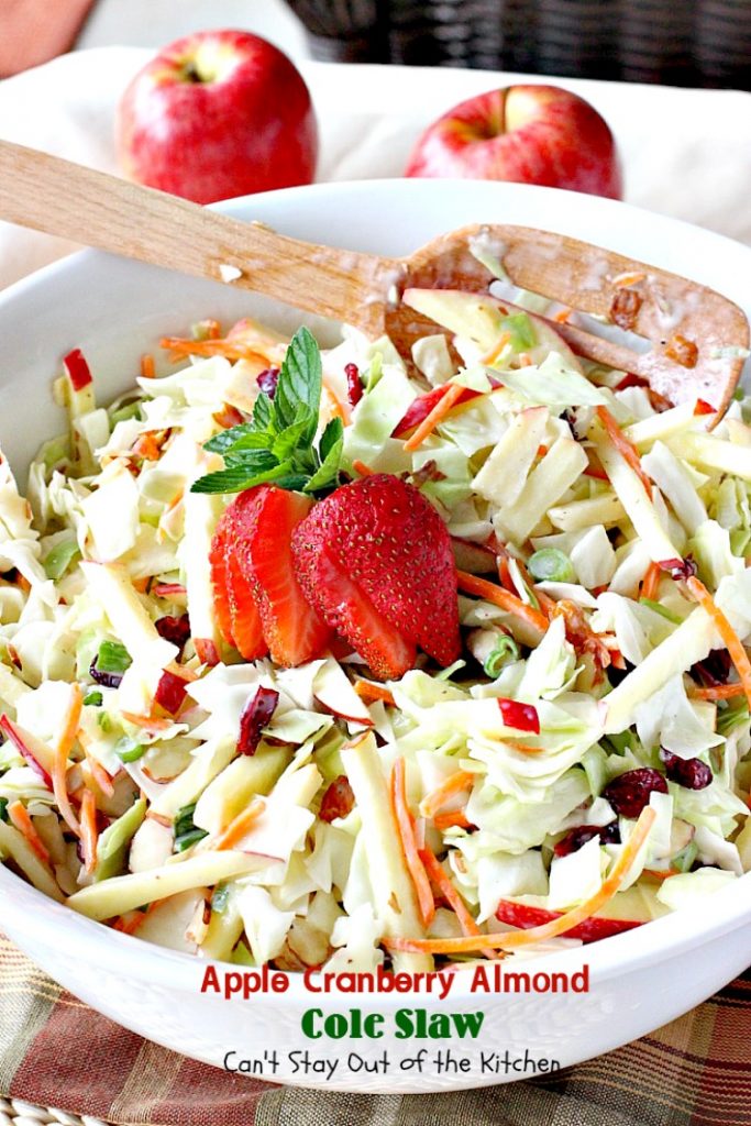 Apple Cranberry Almond Cole Slaw | Can't Stay Out of the Kitchen | this #coleslaw is amazing. It's filled with #apples #almonds #craisins #celery & #carrots in a tasty #Greekyogurt dressing. Healthy, low calorie & #glutenfree. #cabbage