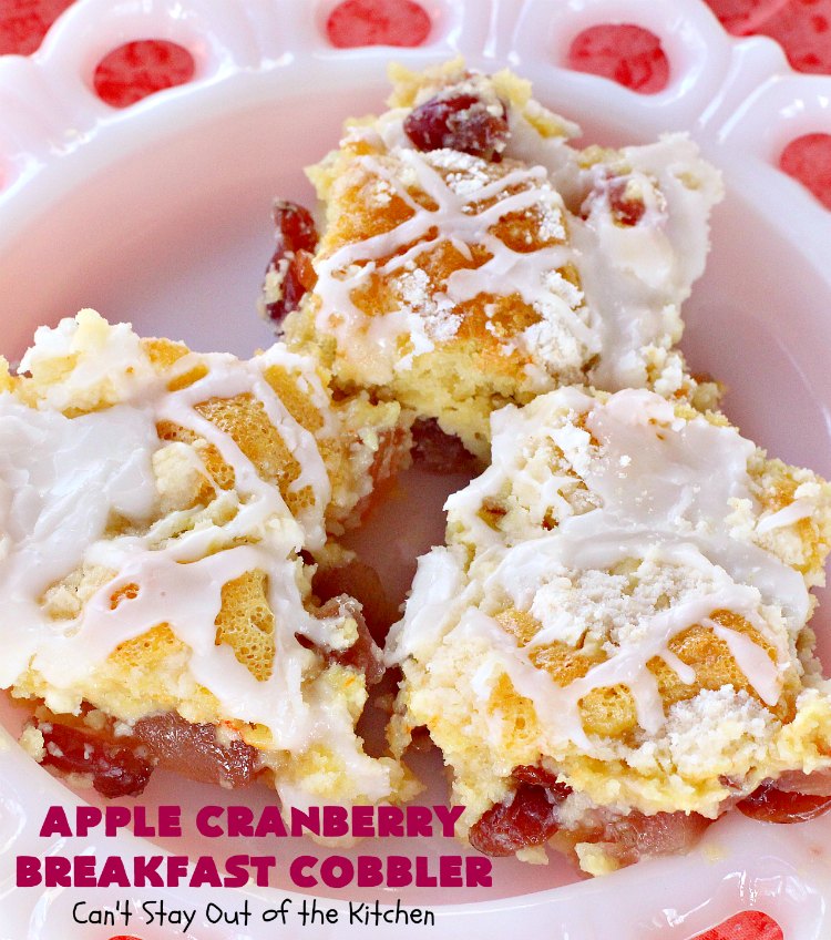 Apple Cranberry Breakfast Cobbler | this amazing #recipe is half #cobbler and half #CoffeeCake. It's made with a can of #AppleCranberryPieFilling & tastes absolutely scrumptious. It's great for a #holiday #breakfast like #Thanksgiving or #Christmas. Every bite will have you drooling! #AppleCranberryBreakfastCobbler #BreakfastCobbler #HolidayBreakfast