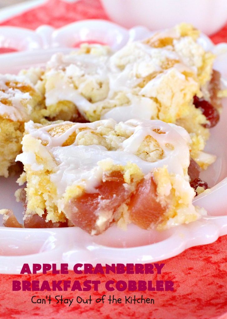 Apple Cranberry Breakfast Cobbler | this amazing #recipe is half #cobbler and half #CoffeeCake. It's made with a can of #AppleCranberryPieFilling & tastes absolutely scrumptious. It's great for a #holiday #breakfast like #Thanksgiving or #Christmas. Every bite will have you drooling! #AppleCranberryBreakfastCobbler #BreakfastCobbler #HolidayBreakfast