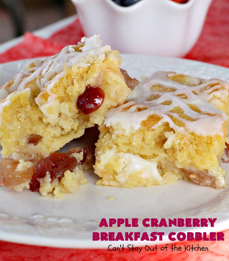 Apple Cranberry Breakfast Cobbler | this amazing #recipe is half #cobbler and half #CoffeeCake. It's made with a can of #AppleCranberryPieFilling & tastes absolutely scrumptious. It's great for a #holiday #breakfast like #Thanksgiving or #Christmas. Every bite will have you drooling! #AppleCranberryBreakfastCobbler #BreakfastCobbler #HolidayBreakfast