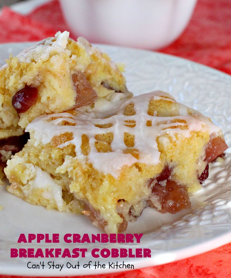Apple Cranberry Breakfast Cobbler | this amazing #recipe is half #cobbler and half #CoffeeCake. It's made with a can of #AppleCranberryPieFilling & tastes absolutely scrumptious. It's great for a #holiday #breakfast like #Thanksgiving or #Christmas. Every bite will have you drooling! #AppleCranberryBreakfastCobbler #BreakfastCobbler #HolidayBreakfast
