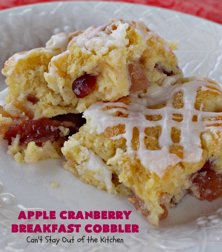 Apple Cranberry Breakfast Cobbler | this amazing #recipe is half #cobbler and half #CoffeeCake. It's made with a can of #AppleCranberryPieFilling & tastes absolutely scrumptious. It's great for a #holiday #breakfast like #Thanksgiving or #Christmas. Every bite will have you drooling! #AppleCranberryBreakfastCobbler #BreakfastCobbler #HolidayBreakfast